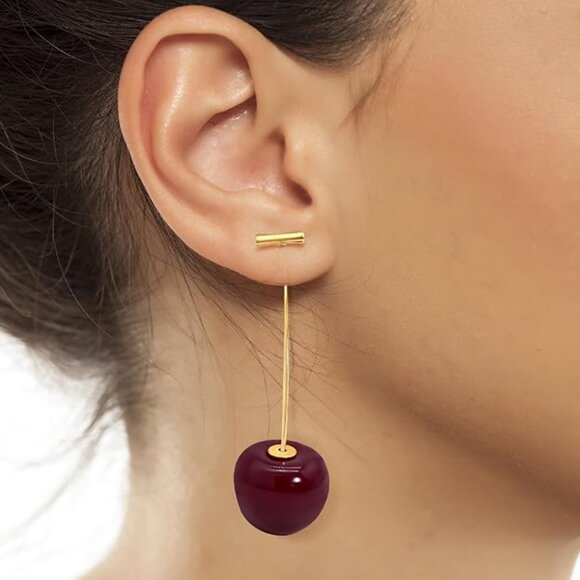 TWO (2) NEW Pairs of CHERRY Drop Earrings in Bright & Dark Gold Dipped Fruit - Picture 3 of 6